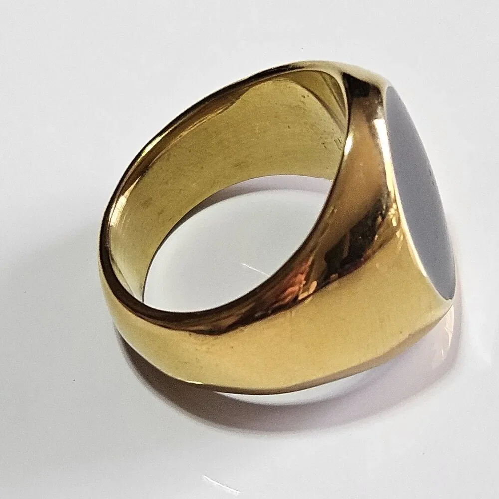 Gold Tone Black Oval Enamel Ring Chunky Size 8 - Picture 11 of 12